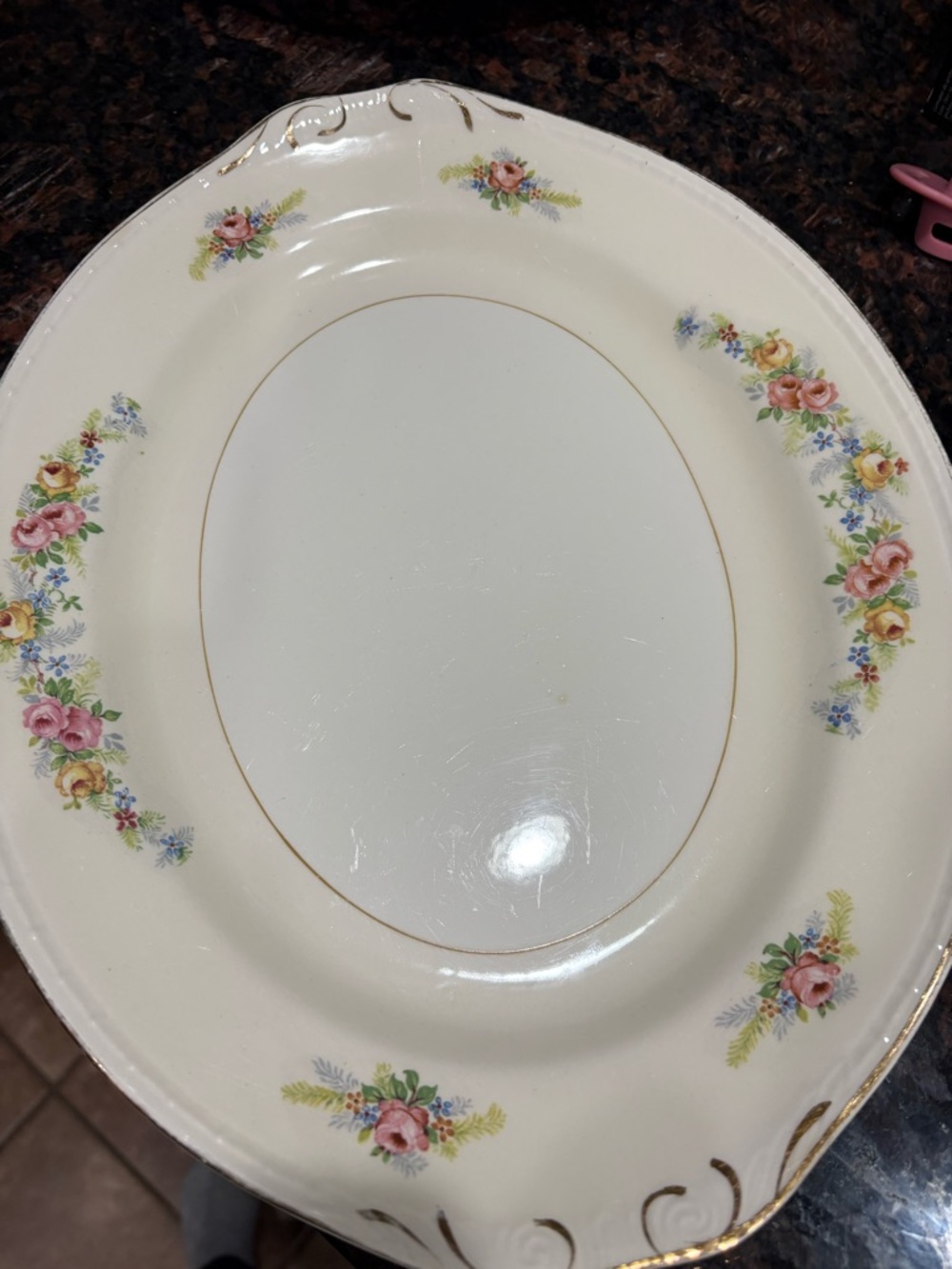 Homer Laughlin Ivory Platter with Pink and Yellow Floral Garland and Gold Trim